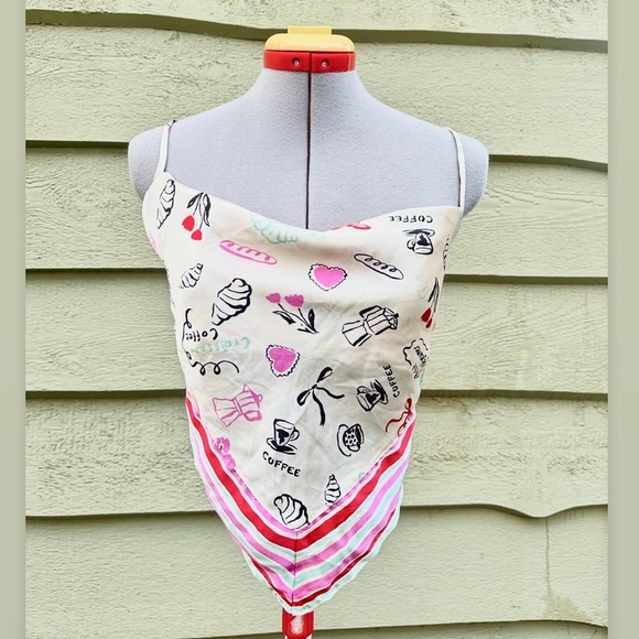 Japna Tops - Pink and Cream Coffee Print Self Tie Bandana Top